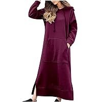 Women's Fall Winter Hooded Sweatshirt Robe Long Sleeve Split Side Hem Drawstring Hoodies Kaftan Solid Maxi Dresses