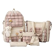 5Pcs Kawaii Canvas School Backpack Combo Set with Pear Pendant Cute Pins Tote Bag Pencil Pouch Plaid Checkered Aesthetic Laptop Schoolbag Daypack Kit Back To School (Pink)
