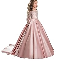 Pageant Dresses for Girls Ball Gown Long Sleeve Satin Communion Dresses