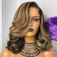 Honey Blonde Hair Highlight 1b/27 Color Body Wave Human Hair Wig Short Bob HD Transparent Lace Front Wig 13x6 Side Part Lace Wig with Baby Hair Bleached Knots 150% Density Pare Plucked 8inch
