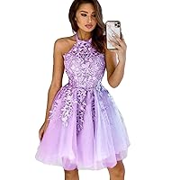 Women's Lace Applique Short Prom Party Dresses A Line Halter Mini Junior Homecoming Gown Tulle Skirt