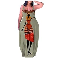 Summer Plus Size Dress for Women Fashion Long Sundress Spaghetti Adjustable Strap Sleeveless Maxi Dress with Pockets