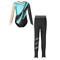 iiniim Gymnastics Leotards for Girls Long Sleeve Metallic Bodysuit with Legging 2 Piece Ballet Dance Unitards Jumpsuit