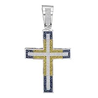 The Diamond Deal 10kt White Gold Mens Round Yellow & Blue Color Enhanced Diamond Roman Cross Charm Pendant 2.00 Cttw