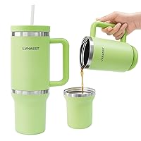 Tumbler with Handle and Straw Lid, Detachable 40oz 2-IN-1 Reusable Coffee Travel Mug Leakproof, Insulated Stainless Steel Water Bottle Cup Holder Friendly, 30oz Top & 10oz Bottom (Green)