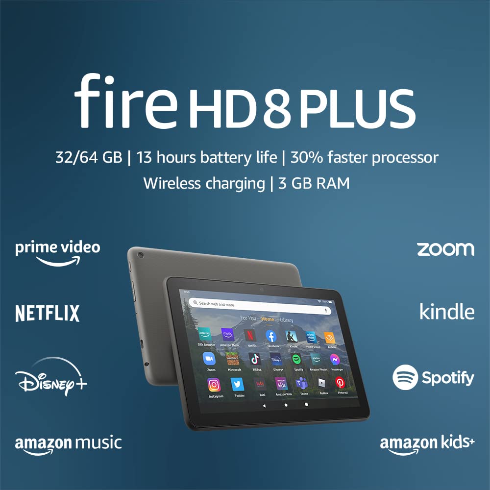 Amazon Fire HD 8 Plus tablet, 8” HD Display, 64 GB, 30% faster processor, 3GB RAM, wireless charging, (2022 release), Gray, without lockscreen ads