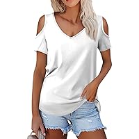Womens Tops V Neck Cold Shoulder Short Sleeve Plus Sized Loose Fit Shirts 2024 Summer Fashion Boho Tunic Blouse