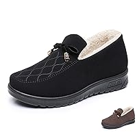 Women's Moccasin Suede Fur Lined Loafers with Bow Tie Retro Embroidery Round Toe Slip On Non-Slip Flats Winter Warm Comfortable Casual Shoes