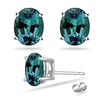 June Birthstone - Lab Created Oval Alexandrite Stud Earrings in 14K White Gold Available in 6x4MM-9x7MM