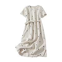 Women's Short Sleeve Cotton and Linen Dresses Round Neck Vintage Polka Dot Print Lace-Up Waist Retraction Flowy Dress