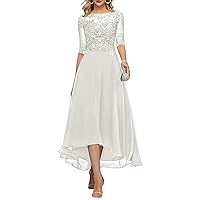 Tea Length Mother of The Bride Dresses for Wedding Lace Chiffon Formal Evening Party Gown with Sleeves