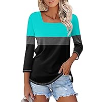 3/4 Sleeve Tops for Women Color Block Square Neck Plus Sized Blouse 2024 Fashion Loose Fit Ladies Tshirts
