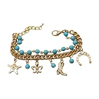 Women Gold Metal Chain Bracelet - Western Fashion Jewelry Fleur De Lis Horseshoe Sheriff Star Boot z121