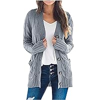 Women's Cable Knit Long Sleeve Cardigans Open Front Button Sweater Solid Lightweight Outwear with Pockets