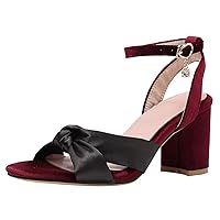 BIGTREE Heeled Sandals For Women Elegant Silk Bow-Knot Chunky Heels Open Toe Dress Shoes with Buckle Ankle Strap