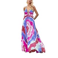 Women's Summer Maxi Dress Casual V-Neck Tie Dye Gradient Bohemian Floral Long Maxi Dress