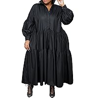 Womens Plus Size Long Sleeve Button Down Shirt Maxi Swing Dresses Floral Printed Casual Mock Neck Loose Party Shirtdress