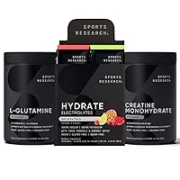 Sports Research L-Glutamine (1.1 lbs), Sugar-Free Naturally Flavored Hydrate Electrolytes 16x Variety Packets and Creatine Monohydrate (1.1 lbs)
