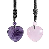 TUMBEELLUWA Natural Amethyst & Rose Quartz Crystal Necklaces 2pcs Carved Stone Pendants Amulet Set with Adjustable Cord for Men and Women