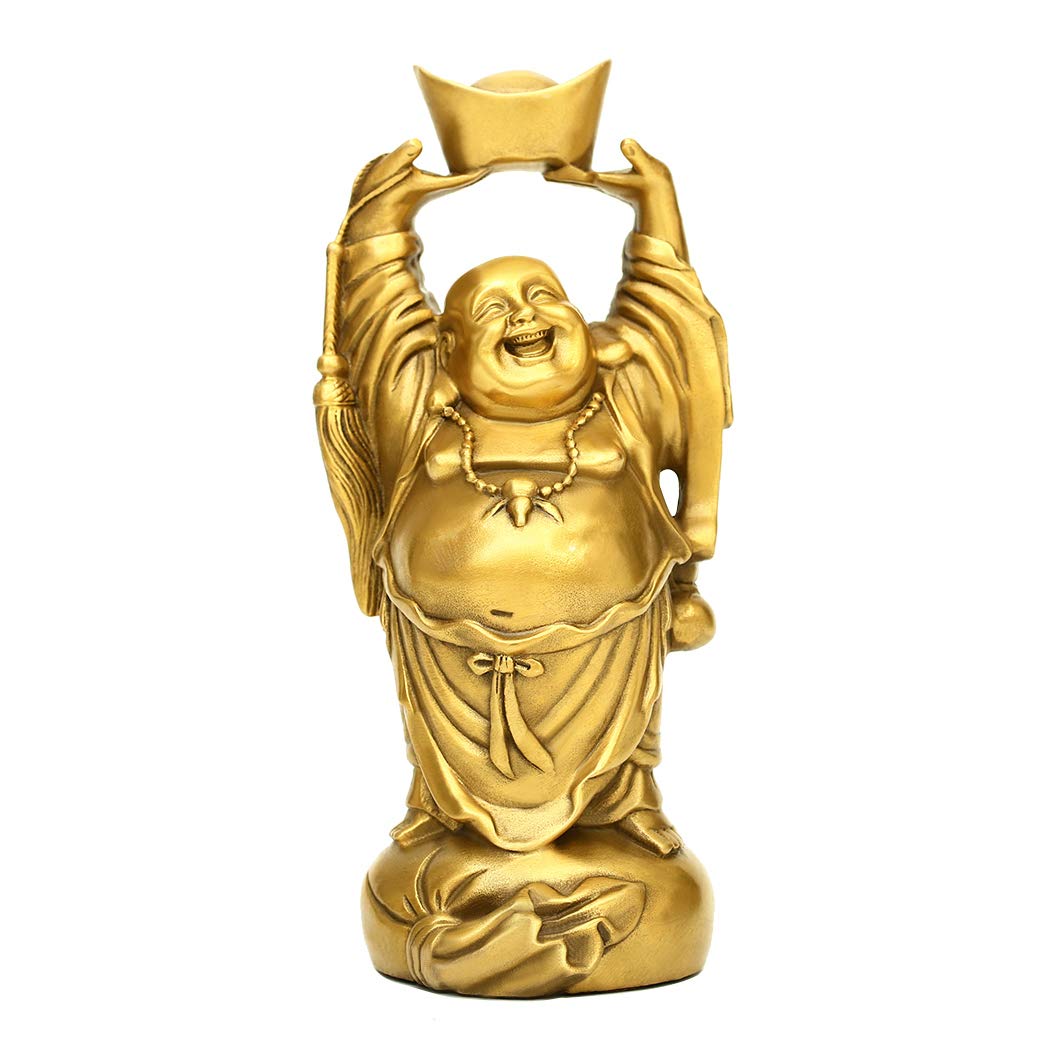 BRASSTAR Brass Laughing Buddha Holding Ingot Money Bag Statue Attract Wealth Feng Shui Ornament Home Office Decorative PTZY053