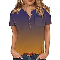 Blouses for Women Dressy Spring Casual Gradient Tops Button Collar Chest Pocket T-Shirts V Neck Short Sleeve Tunic