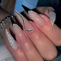 Long Press on Nails Stiletto French Tip Fake Nails with Silver Glitter Black Line False Nails with Designs Glossy Full Cover Acrylic Glue on Nails Stiletto Nail Tips Manicure Accessories for Women