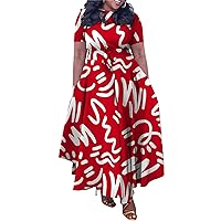 Summer Plus Size Maxi Dress for Women Floral Print Short Sleeve High Waist Flowy Long Dresses with Belt