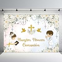 MEHOFOND Floral Nuestra Primera Comunión Baptism Backdrop for Boy and Girl Siblings First Holy Communion Banner God Bless Christening Party Photography Background Banner Sign Photo Booth Props 10x7ft