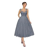 Maxianever Plus Size Lace Tulle Long Prom Dresses Spaghetti Straps Flower Women’s Wedding Gowns Tea Length Corset Dusty Blue US26W