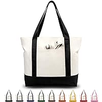 TOPDesign Stylish Canvas Tote Bag with an External Pocket, Top Zipper Closure, Daily Essentials (Black/Natural)