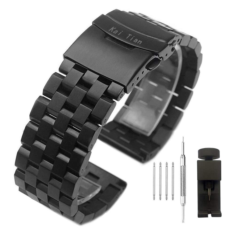 Kai Tian Brushed Stainless Steel Watch Band Strap 18mm/20mm/22mm/24mm/26mm Metal Replacement Bracelet with Double-Lock Deployment Clasp For Men Women Black/Silver/Two Tone IP Black
