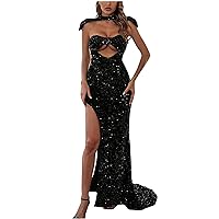 Womens Black Sequin Evening Dresses Sexy Cutout Glitter Slit Long Maxi Cocktail Dress Sparkly Formal Party Gowns