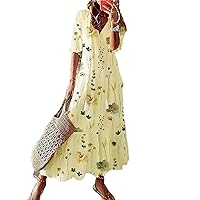 Women's V-Neck Half Sleeve Retro Printed Bohemian Dress Casual Vacation Beach Long Dress