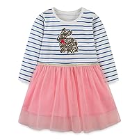 Toddler Girls Fall and Winter Long Sleeve Sequined Rabbit Cartoon Printed Striped Mesh Dress Party Girl