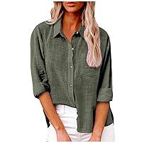 Linen Tops for Women Long Sleeve Collared Button Up Shirts 2024 Fashion Loose Fit V Neck Blouse with Pocket
