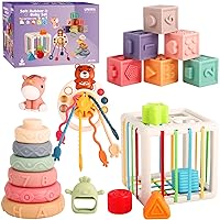 6-in-1 Montessori Toys Set Include Shape Sorte Bin, Travel Pull String Toy, Stacking Building Blocks & Rings for Infants, Silicone Teething Toy, Mini Unicorn Toy, Sensory Toys for Infants and Toddlers
