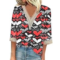 Valentine Shirts for Women 3/4 Sleeve V Neck Lace Patchwork Tops Blouses Casual Valentine Plus Size Tops for Women TD11