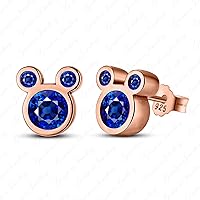 Mickey Mouse Stud Earrings With Blue Sapphire Pure 925 Silver 14k Rose Gold Over