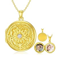SOULMEET Personalized 10K 14K 18K Solid Gold/Silver Minimalist Round Locket Necklace That Holds 2 Pictures Photo Locket with Gold Chain Letters Engraving Gold Locket Gift