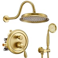 Brushed Gold Rain Shower System Complete Antique Shower Faucet Sets, Brushed Gold Shower Fixtures Combo with Pressure Balance Valve, Trim Kit, 9'' Rainfall Overhead Shower & Handheld, AT209W-BTG