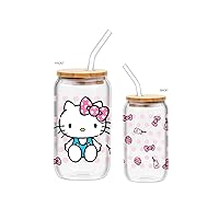 Silver Buffalo Hello Kitty Pink Dots Glass Tumbler w Bamboo Lid and Glass Straw, 16 Ounces