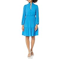 London Times Women's Stand Collar Tiered Dress with Smocking and Ruffle Details