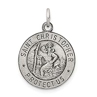 925 Sterling Silver Solid Polished and satin Engravable (back only) St. Christopher Medal Charm Pendant Necklace 15mm Made in the USA Jewelry for Women