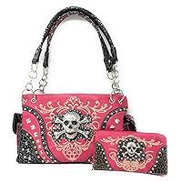 western rhinestone skull concho stitched handbag purse set (pink)