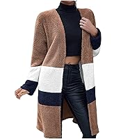 TUNUSKAT Long Cardigan For Women Fall Winter Lightweight Fleece Jacket Fashion Color Block Striped Fuzzy Coat Open Front