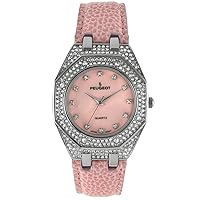 Peugeot Womens Boyfriend Wrist Watch with Crystal Bezel and Matching Leather Color Band Strap