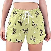 Women's Athletic Shorts Butterfly and Moon Summer Yellow Workout Running Gym Quick Dry Liner Shorts with Pockets