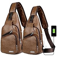 Peicees Pack of 2 Large&Medium Leather Sling Bag Mens Crossbody Bag Chest Bag Sling Backpack for Men with USB Charge Port, Classic Light Brown Large & Classic Light Brown Medium