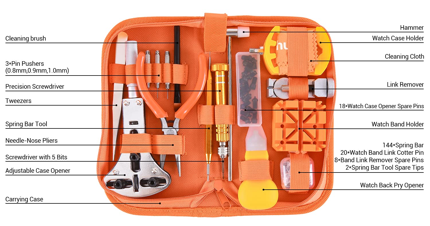Watch Tool Kit, Ohuhu 213 PCS Upgraded Heavy Duty Watch Repair Kit Battery Replacement Link Removal Band Tool Kits Professional Watch Back Case Opener Removal Tools with PU Leather Bag User Manual