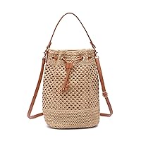 EVEOUT Straw Bucket Bag for Women Summer Woven Beach Bag Totes Purses Drawstring Handbag for Vacation Hobo Shoulder Bag